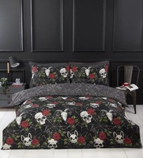Skulls and Roses Duvet Cover Set Bedding, Goth Halloween Gothic, black 3 sizes