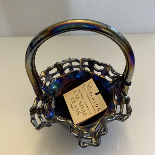 Fenton Open Edge Iridescent Basket Weave Blue Carnival Glass Basket - Vintage