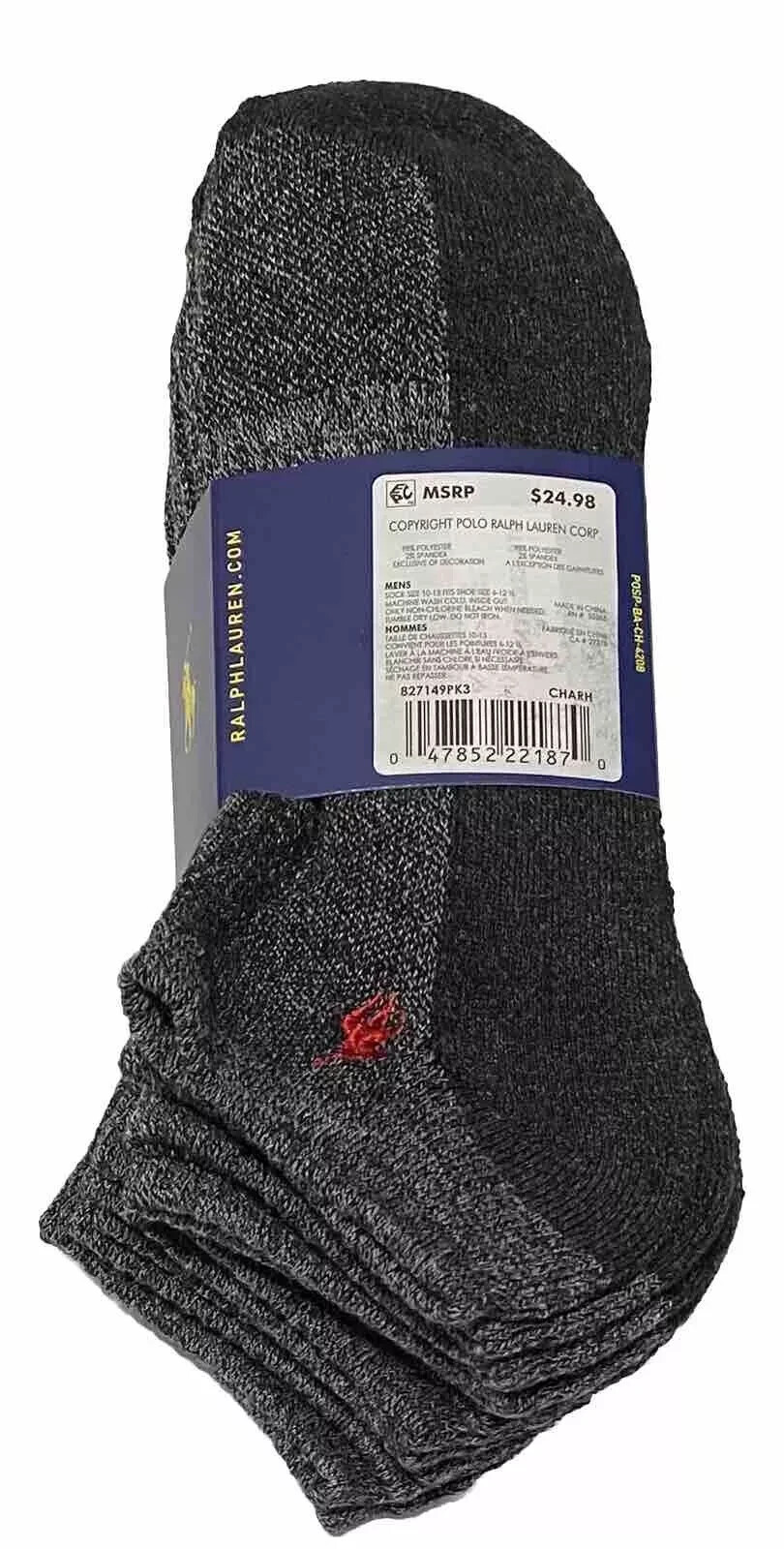 PONY Polo Ralph Lauren Athletic 6 paia calze uomo taglio basso grigio con frangia rossa