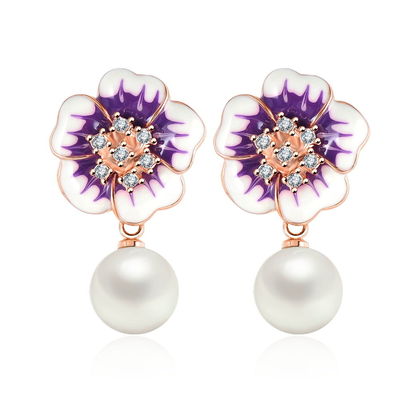 18k Rose Gold Plated Austrian Crystal Enameled Pearl Stud Earrings USA seller