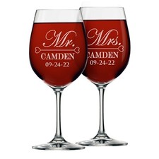 Custom Engraved Mr and Mrs Wine Glass Set for Wedding - Newlywed Gift for Couple