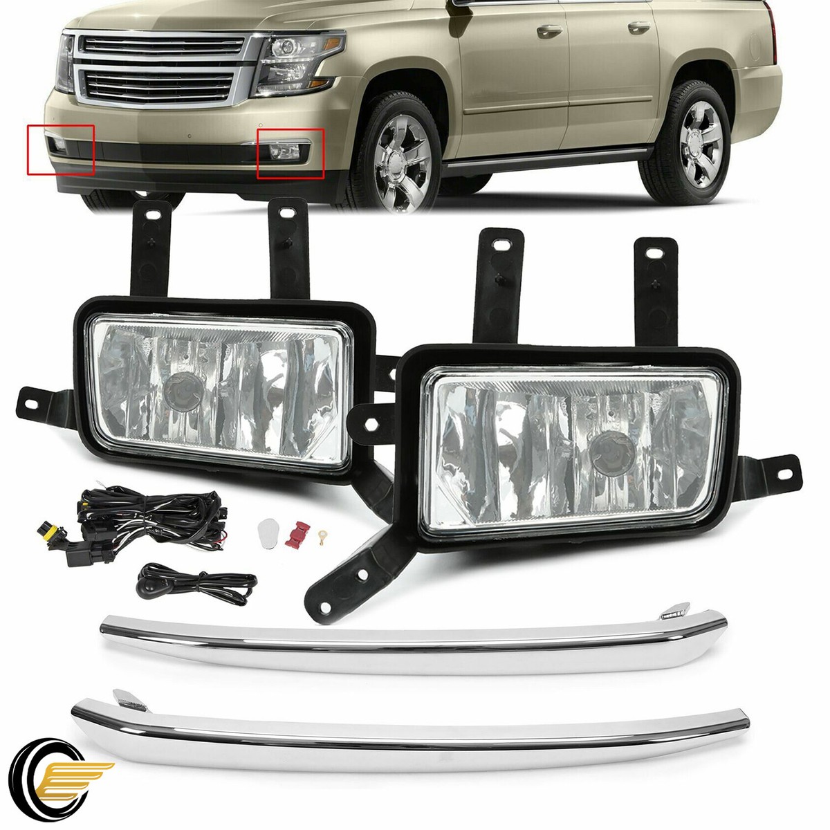 Pair Of Chrome Fog Lights For 2015+ Chevy Tahoe/Suburban/Yukon - Clear Lens, Halogen, DOT/SAE