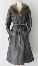 Union Made Quilted Puffer Coat Insulated Gray A-Line Fur Collar Belted Pockets M