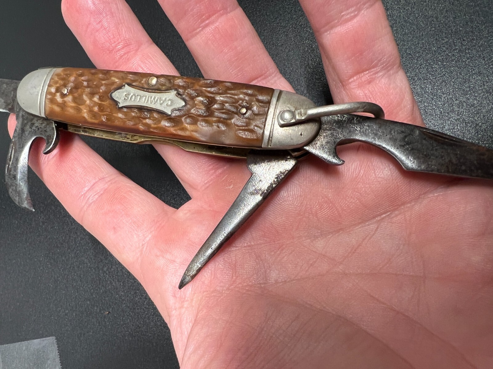 Vintage Camillus New York USA 4 Blade Pocket Knife Brown Jigged Handle