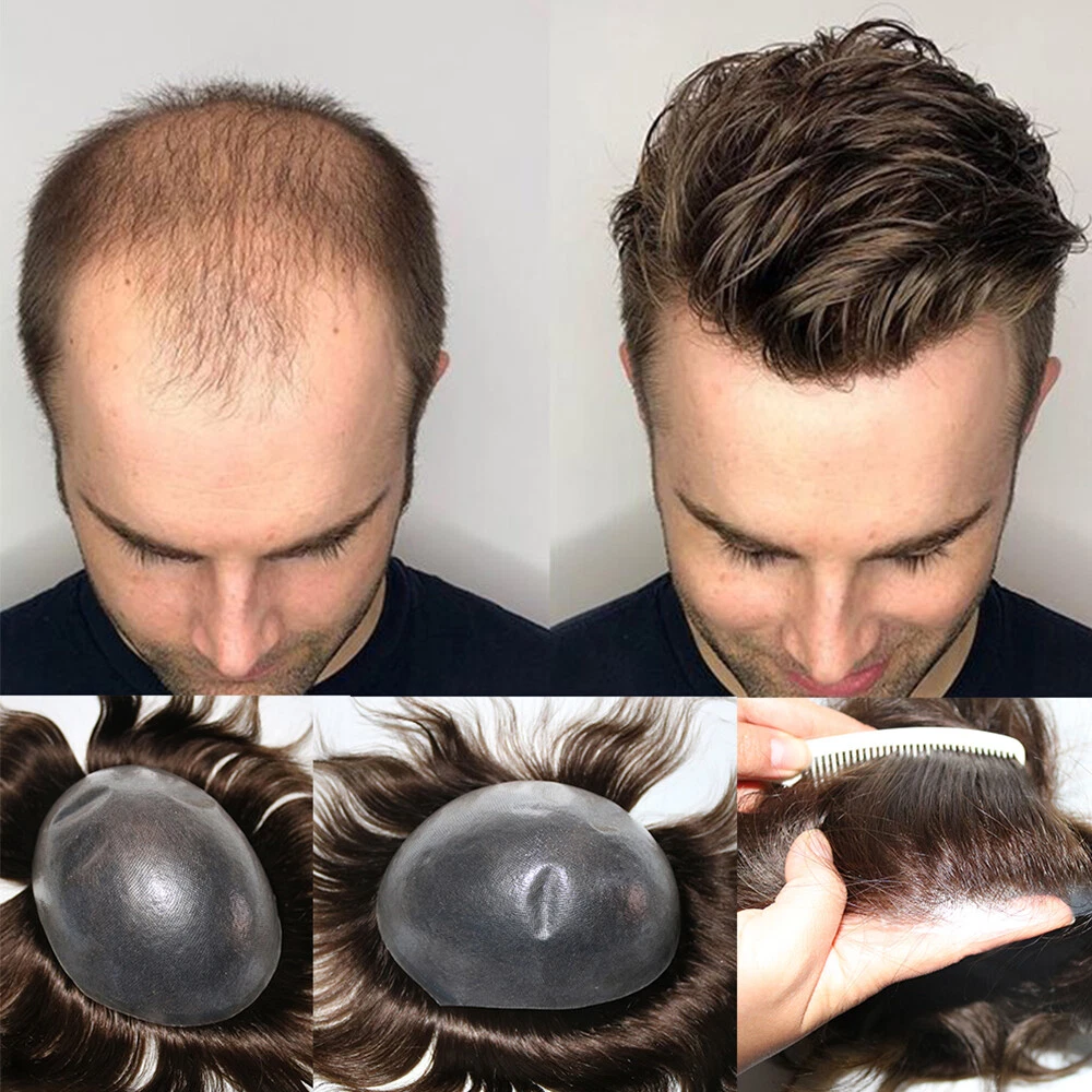 Mens Toupee REAL Human Hair Replacement System V-loop Thin Skin Topper  Hairpiece