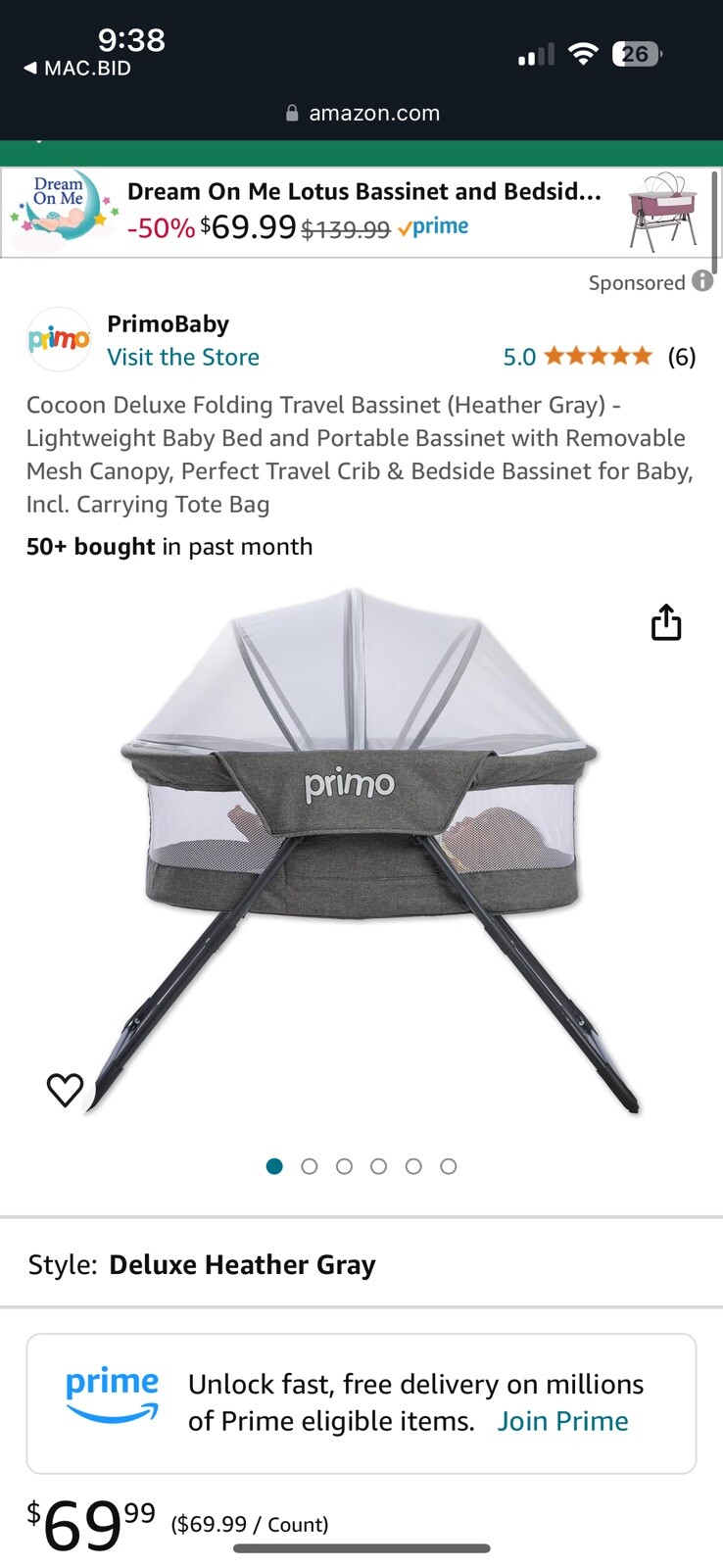PRIMO Cocoon Deluxe Portable Crib, Folding Travel Bassinet For Baby - Grey-image