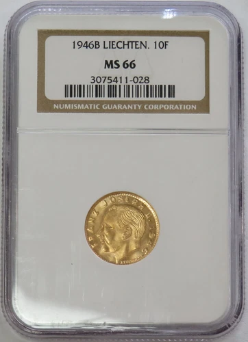 1946 B GOLD LIECHTENSTEIN 10 FRANKEN COIN NGC MINT STATE 66