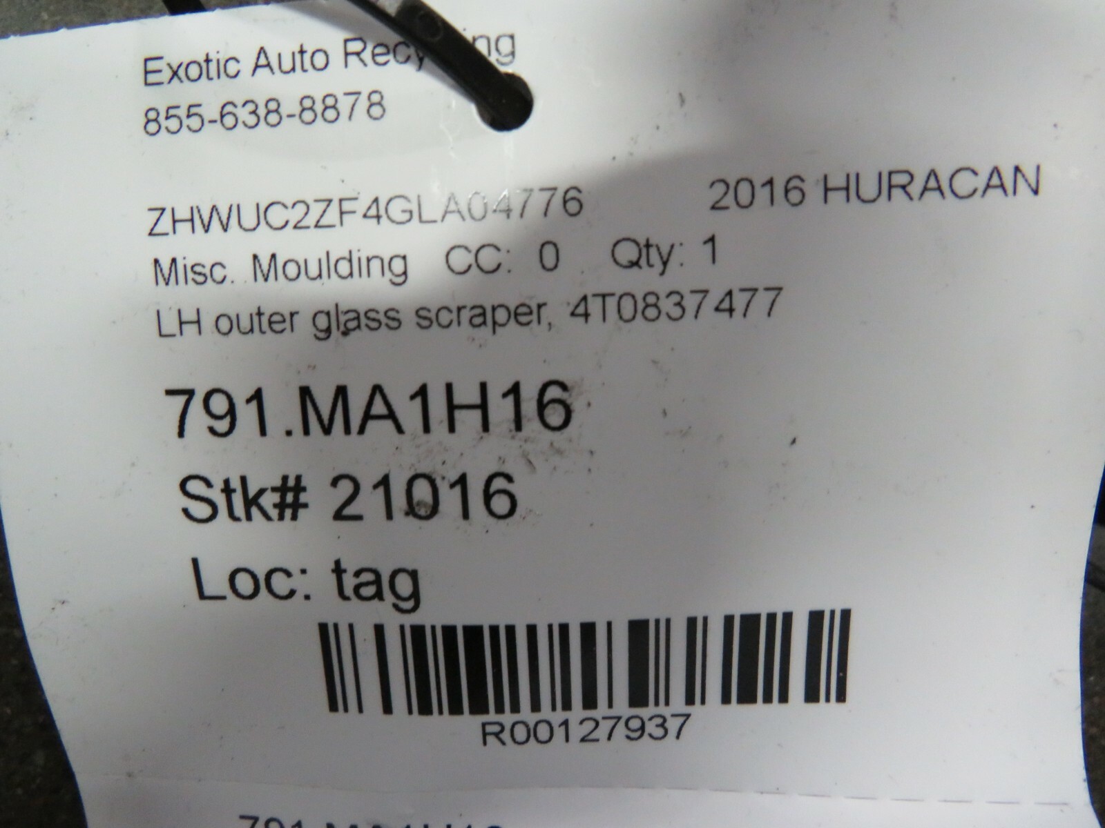 Lamborghini Huracan, LP580, LH, Outer Glass Scraper Molding, Used, P/N 4T0837477