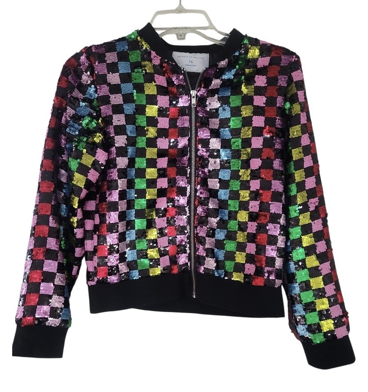 Girls ROCKETS Of AWESOME Retro Rainbow Sequin Check Bomber Jacket size 14