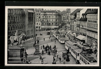 Chemnitz, trams on the market square, postcard 1940 