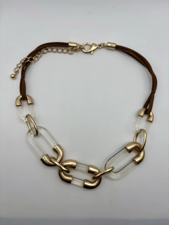 Collar Babero Neutro Chicos Marrón Oro Rosa Lucite Eslabón de Cadena Transparente Gran Tamaño Foto 2 de 3