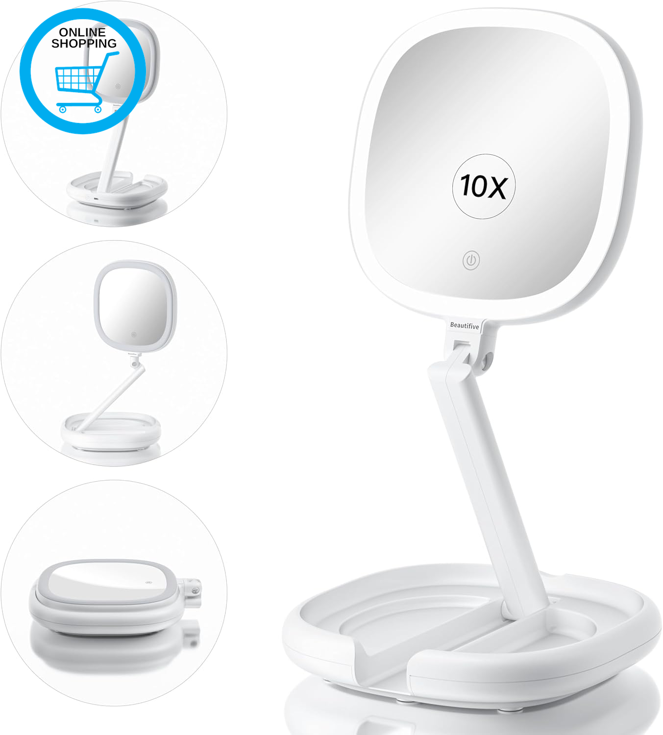 LED Vanity Mirror with Lights, 10X Magnifying, Adjustable Height, Foldable, Whit