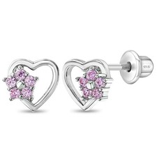 Heart Flower Pink Baby / Toddler / Kids Earrings Screw Back - Sterling Silver