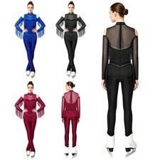 Women Bodysuit Gymnastics Jumpsuit Tassel One-Piece Dance Practice Rompers Long