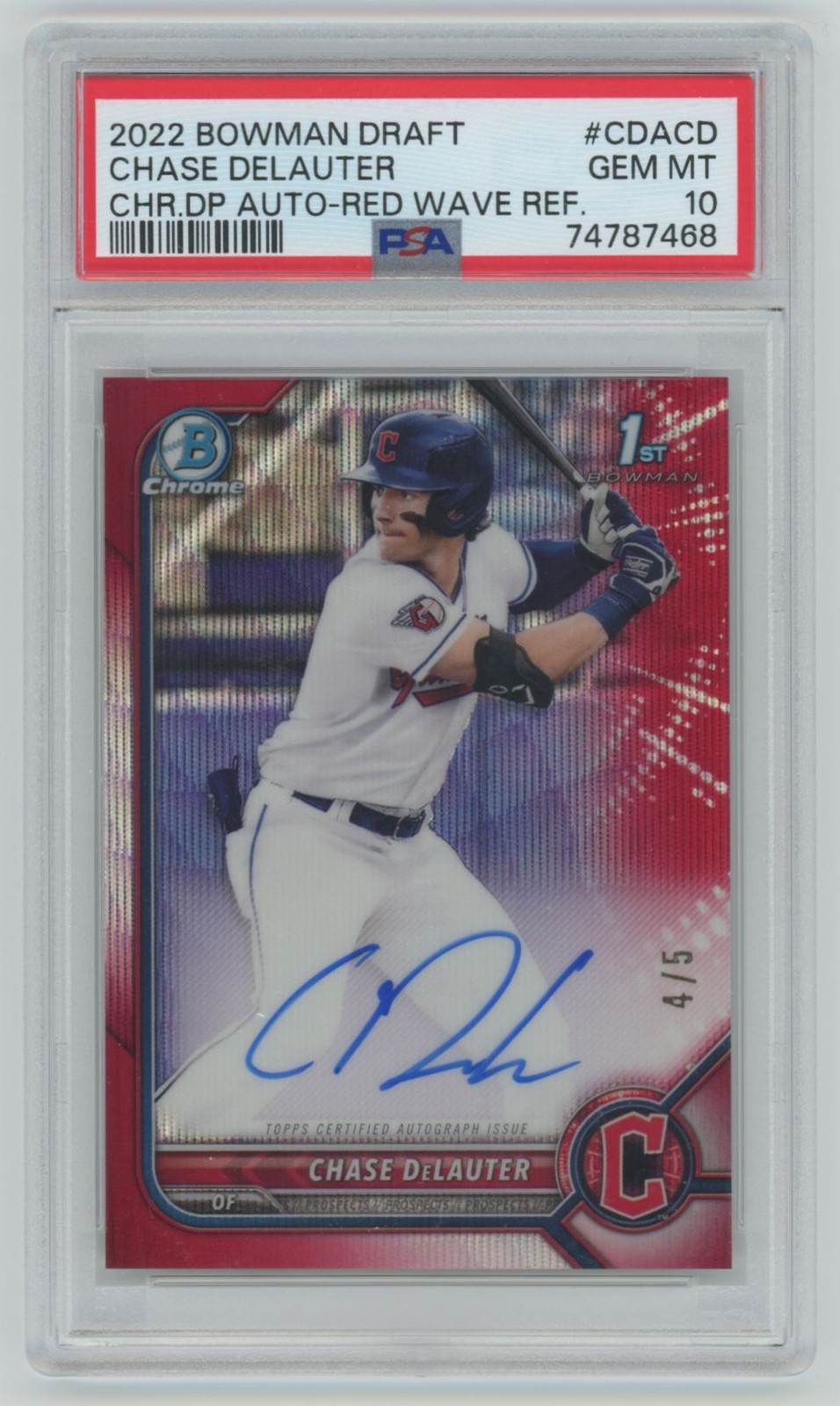 2022 Bowman Draft Chrome Auto Red Wave /5 Chase DeLauter  PSA 10 #CDACD Indians
