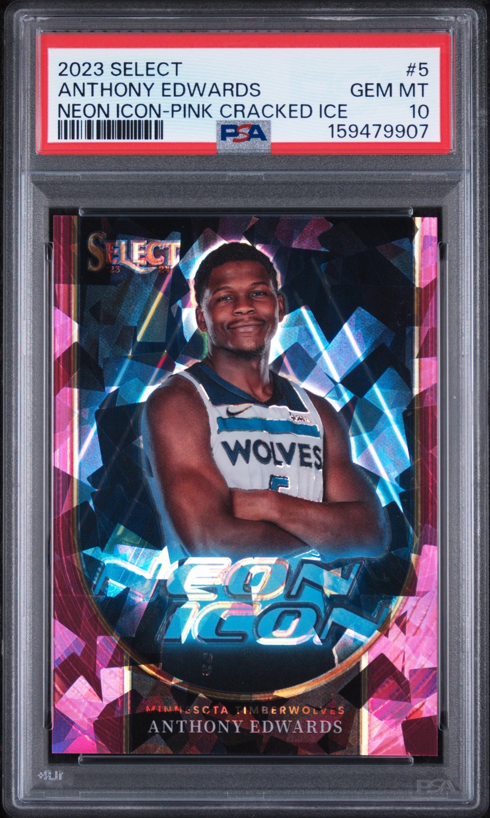 2023 PANINI SELECT NEON ICON PINK CRACKED ICE  #5 ANTHONY EDWARDS 6/99 PSA 10