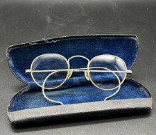 Vintage Round 12k Gold Filled Wire Rim Frame Granny Eyeglasses w/ Blue Case