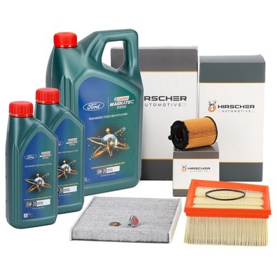 HIRSCHER Filterset 3-tlg + 7L CASTROL 0W20 Motoröl für FORD FIESTA 7 1.5 TDCi