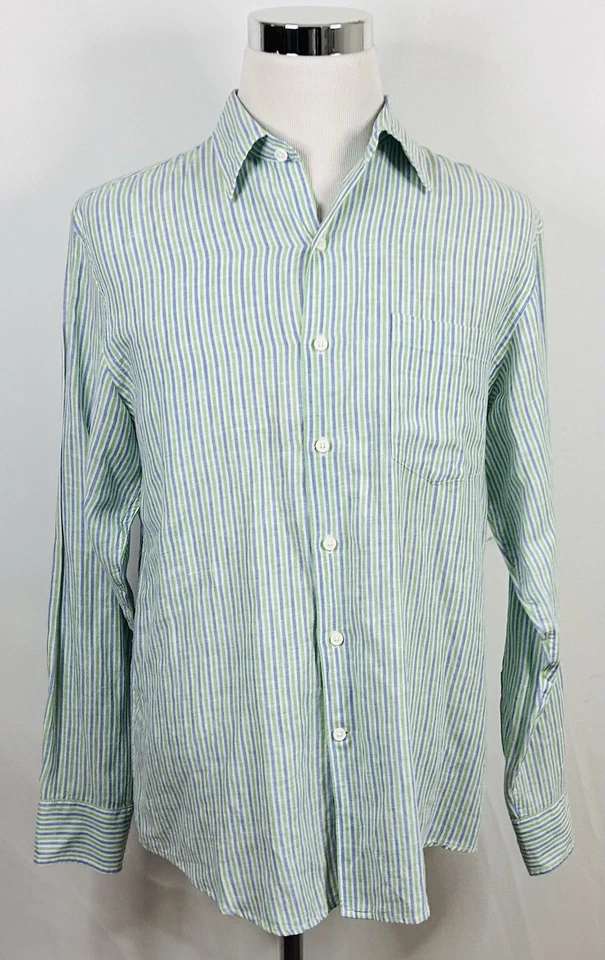 IZOD Medium Island Linen Blend Shirt Green Blue Striped Long Sleeve Button Front - Image 2 of 4