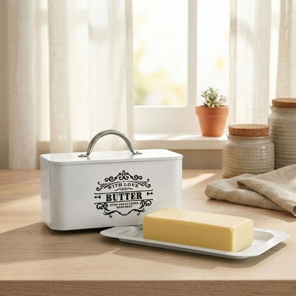 White Metal Vintage Style Butter Dish with Lid Farmhouse Keeper Fits 2 Sticks or