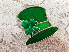 VTG Stained Glass Leprechaun Hat Ornament Sun Catcher Shamrock St. Patricks Day