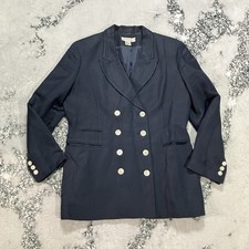 Vtg Ann Taylor Double Breasted Blazer Womens Size 10P Navy Linen Blend Nautical