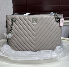 Victoria  s Secret V Quilted Shoulder Tote Handbag Purse Gray/Taupe - NEW 