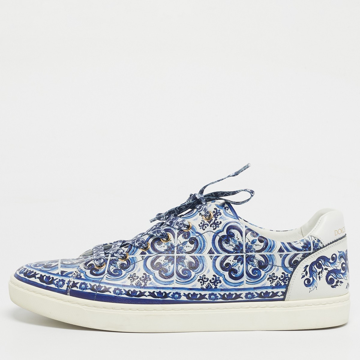 Dolce Gabbana Blue/White Leather Majolica Print Portofino Low - Main Image
