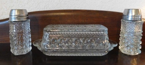 Vintage Wexford Anchor Hocking Glass Butter Dish & Salt & Pepper Shakers