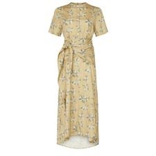 CAARA Lucca Midi Dress XS Yellow Floral Tea Length Button Down Slit Wedding