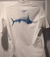 HUK Fishing Performance Short Sleeve T-Shirt Crew Neck Blue &  White Men's M EUC