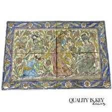 Antique Persian Iznik Qajar Style Ceramic Pottery Tile Mosaic Woman Servant C7