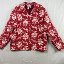 Coldwater Creek Quilted Jacket Women Medium Red Floral Silk Button Front Cottage