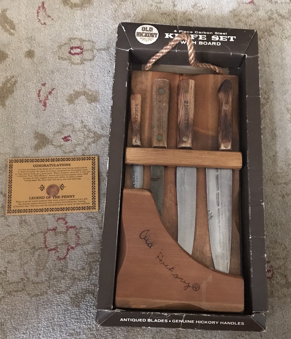 Old Hickory No 704 Carbon Steel Chef Knife Set 4pc with Wood Rack Vintage