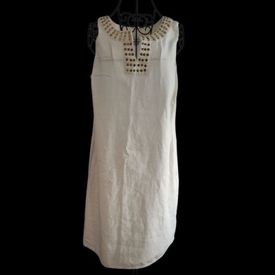Jaclyn Smith Studded Shift Dress Women Large White Linen Blend Boho Chic Classic