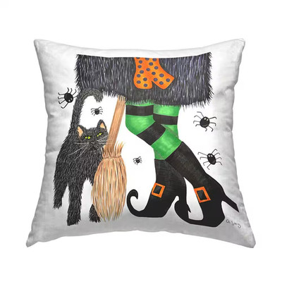 Halloween Witch and Black Cat Festive Black Print Polyester 18In. X 18In. Throw