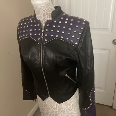 Tribe America Black And Purple Retro Leather Jacket With Bold Studs-Rare