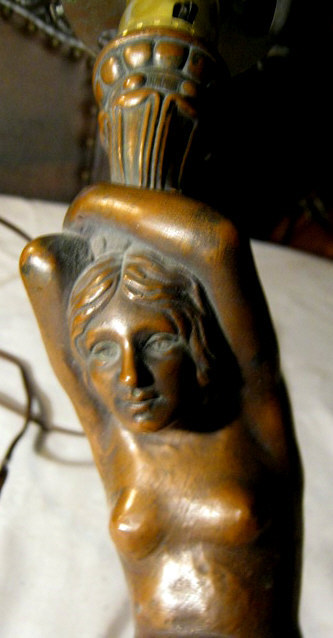 ANTIQUE KBW BRONZE CLAD ART DECO NUDE LADY BUST TORCH STATUE SCONCE SHADE LAMP