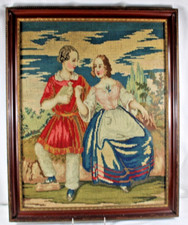 Framed French Needlepoint Courting Couple Romantic Large 24 1/2" x 20"