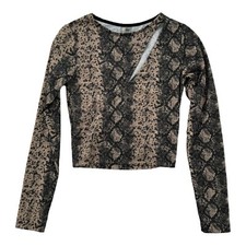 ASOS Womens Snake Print Long Sleeve Crop Top Slit Blouse Brown Size 4 NWT