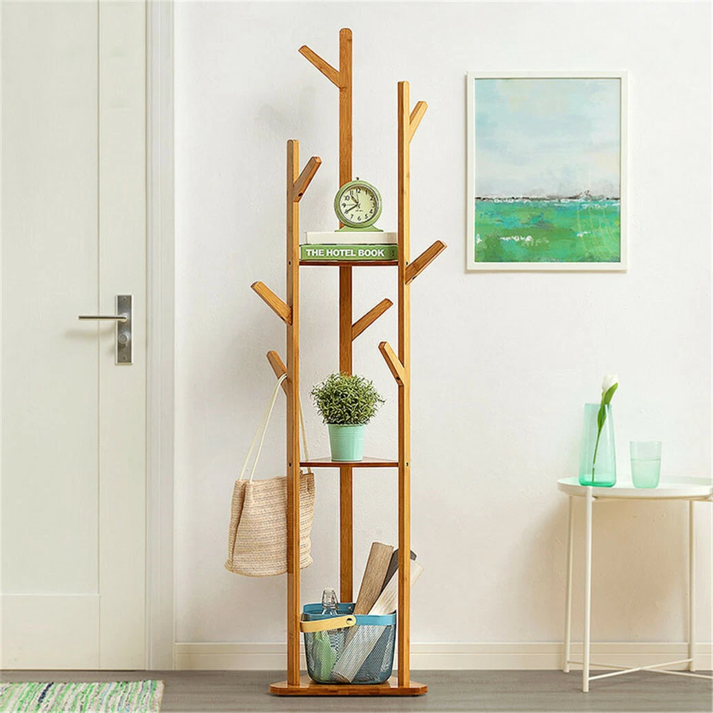 Wooden Coat Hat Hanger Stand 10 Hooks Floor Standing Clothes Bags