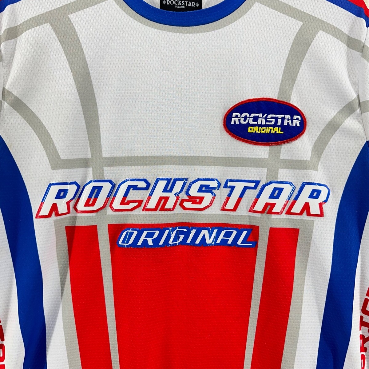 Rockstar Original Mens L Racing Style Shirt White Blue Red Urban