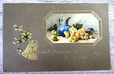 Vtg Postcard Holiday Joy And Happiness  Be Yours Embossed Fruit & Bell Unused