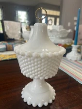 Vintage Hobnail Footed Candy Dish with Brass Pull  Lid approx. 10”