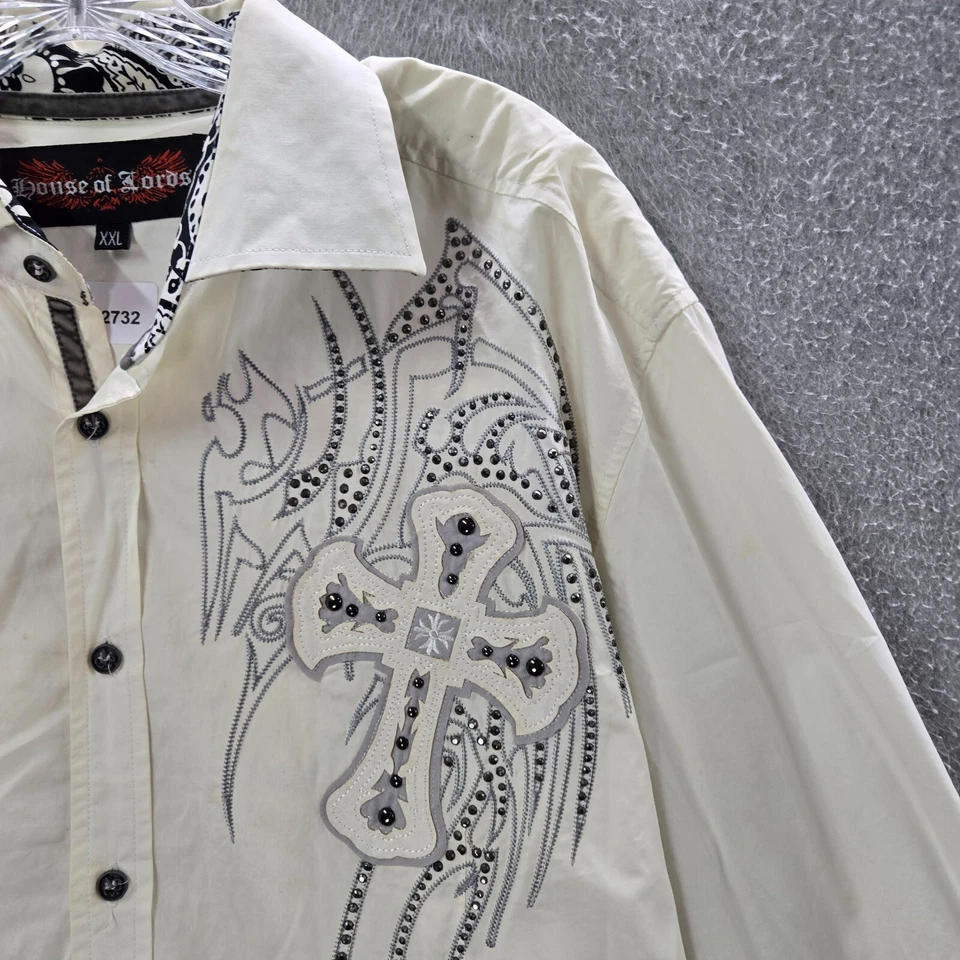 House Of Lords Men Button Up Shirt 2XL White Y2K Grunge Cross Wings Rhinestones - Image 3 of 4