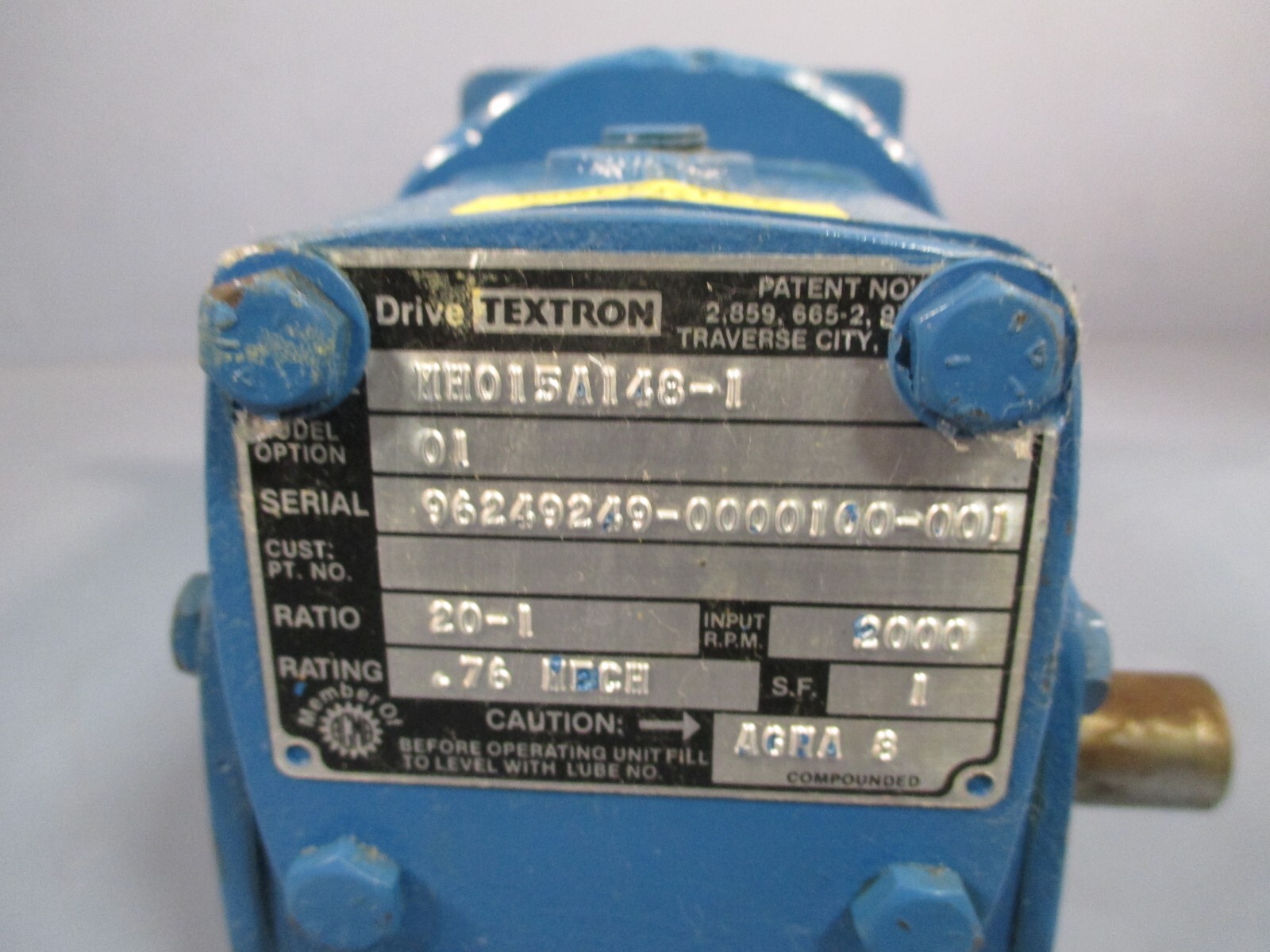 Cone Drive Textron Gearbox 20:1 Ratio MH015A148-1