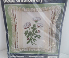 Golden Blossoms Stamped Bead Embroidery Bucilla Pillow Kit 12 in sq Flowers