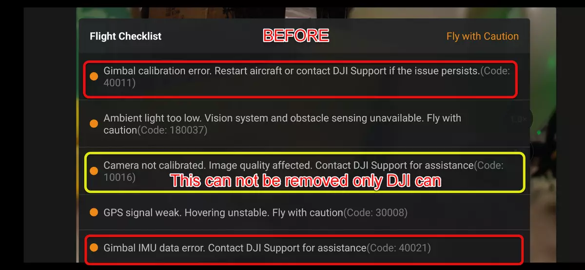 DJI mini 1 mini 2 mini se mini 3pro air2 air2s ERRORS 40011 and 40021 removal