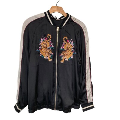 H&M Divided Size 8 Embroidered Tiger Baseball Bomber Jacket Black White Striped