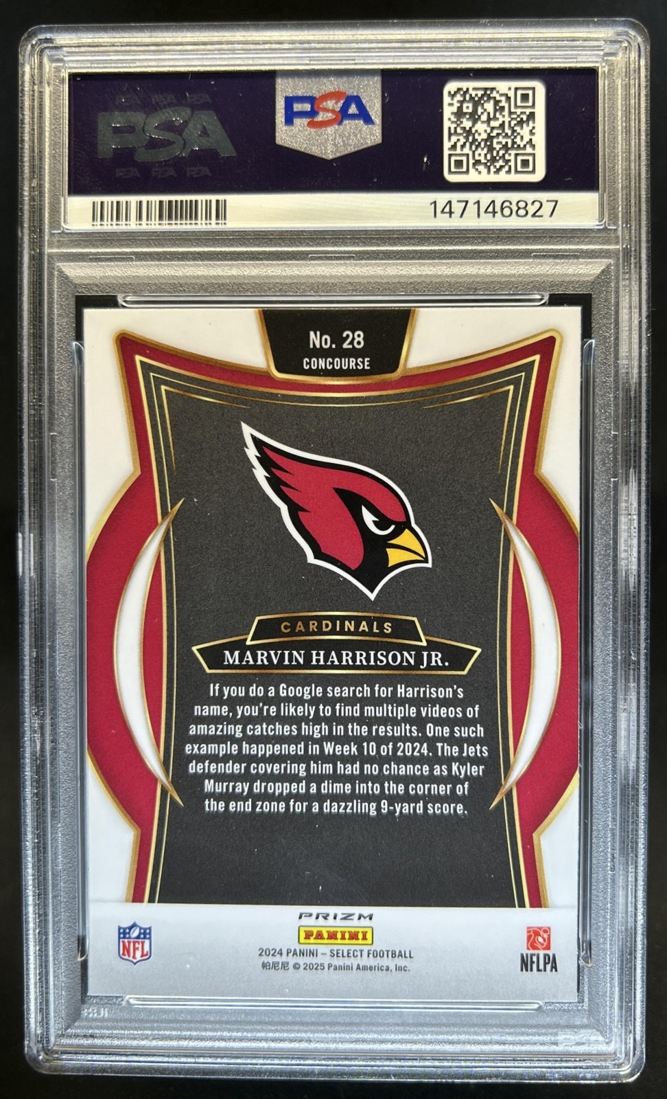 2024 Panini Select Marvin Harrison Jr. Concourse Zebra Prizm Shock RC #28 PSA 9 view 2